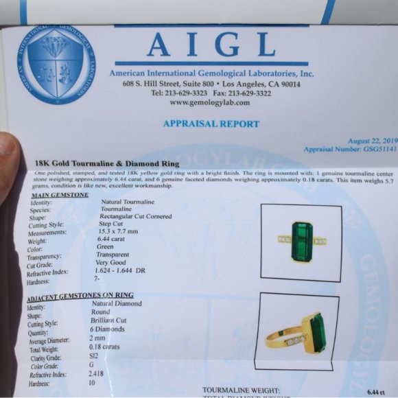 Certified Green Tourmaline 6.44ct Diamonds 18K Rng - Picture 8 of 9